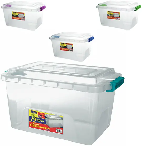 CAIXA ORGANIZADOR CONTAINER DE PLASTICO RETANGULAR COM TRAVA COLORS 19L 23X25X35CM