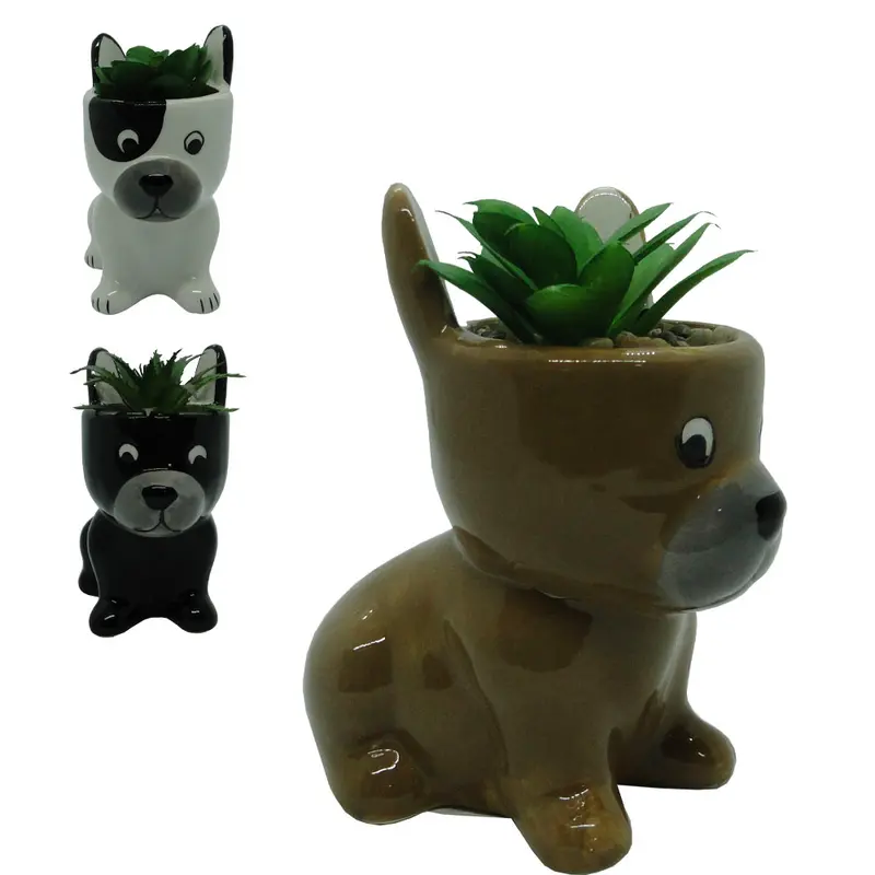 FLOR PERMANENTE SUCULENTA COM VASO CACHORRO DE PORCELANA 12X11X6,5CM