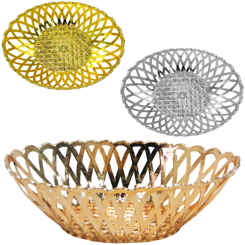 CESTA FRUTEIRA DE MESA DE PLASTICO OVAL VAZADO METALIZADO 19X13X6CM