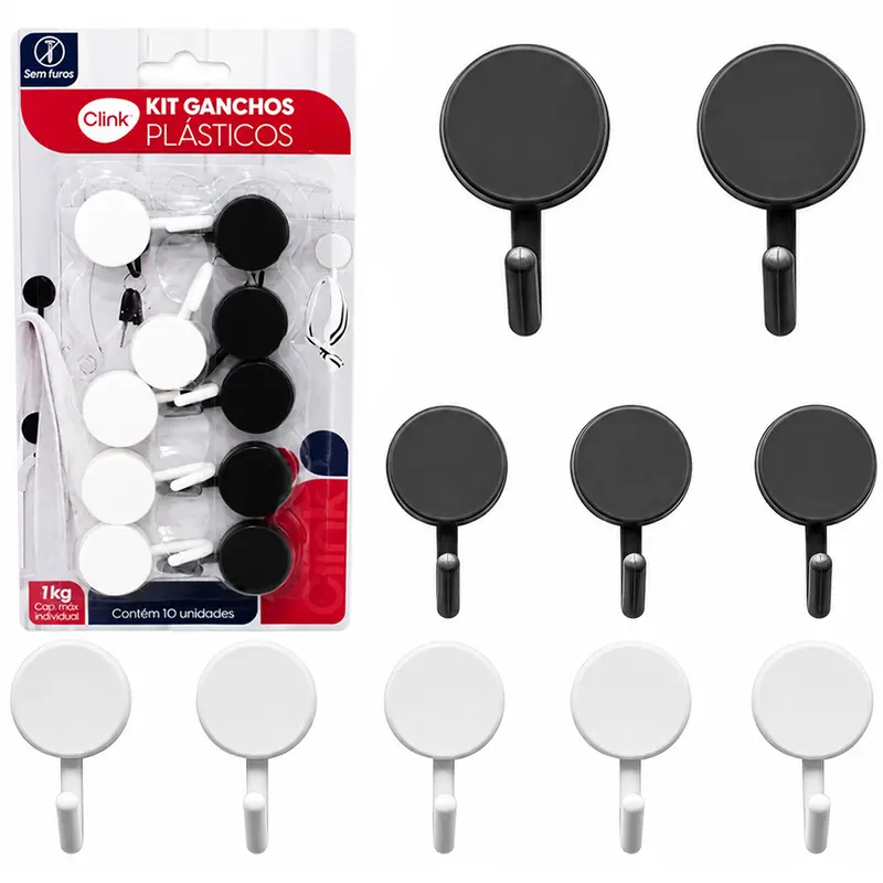 CABIDE GANCHO DE PLASTICO REDONDO AUTOADESIVO PRETO / BRANCO COM 10 PECAS 5X3CM DE Ø NA CARTELA