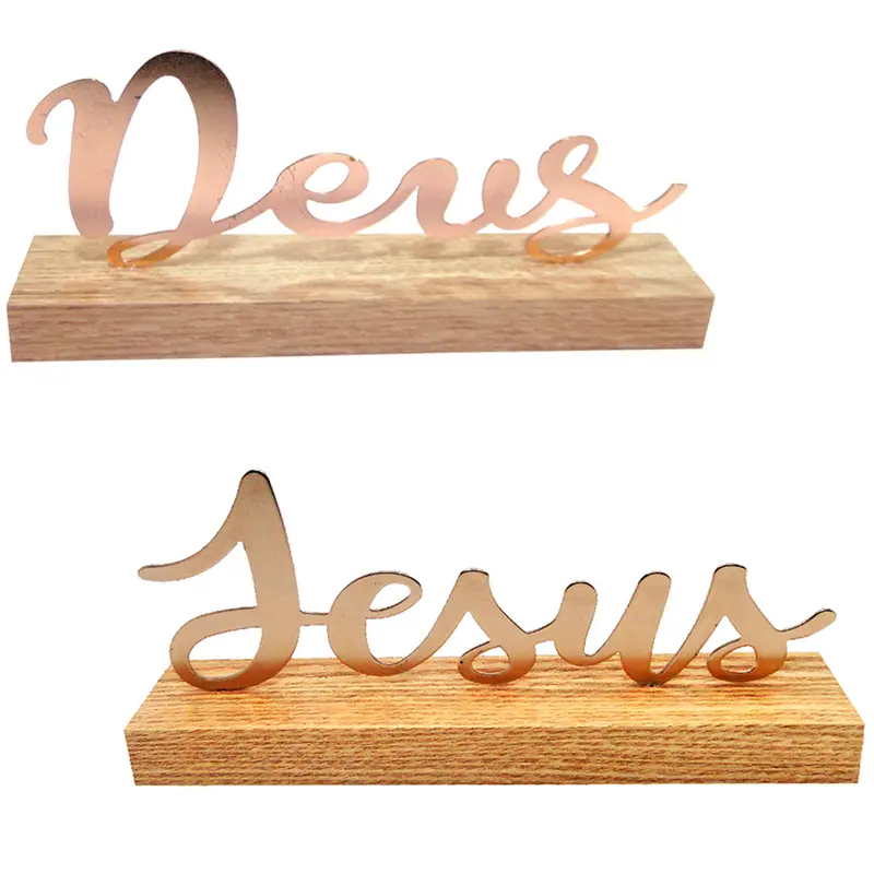 ENFEITE PALAVRA DEUS / JESUS DE METAL METALIZADO ROSE GOLD COM BASE MADEIRA 19,5X8X4CM