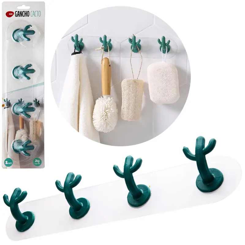 CABIDE GANCHO DE PLASTICO CACTO COM 4 GANCHOS AUTOADESIVO TRANSPARENTE 33X6X3,7CM NA CARTELA