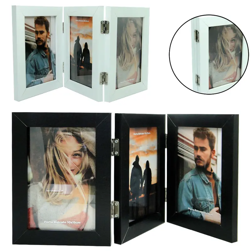 PORTA RETRATO 10X15 TRIPLO COM MOLDURA DE MADEIRA MDF VERTICAL