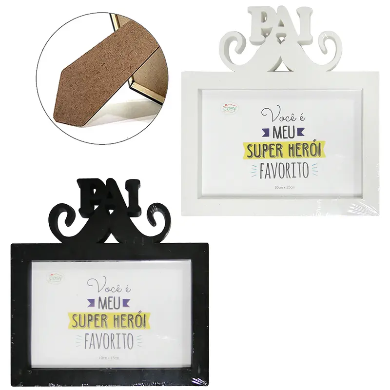 PORTA RETRATO 10X15 COM MOLDURA DE PLASTICO PAI / BIGODE HORIZONTAL PRETO / BRANCO