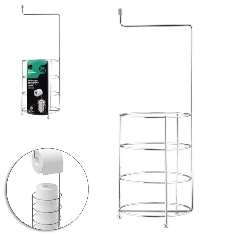 SUPORTE PORTA PAPEL HIGIENICO DE PISO ARAMADO PARA 3 ROLOS CROMADO 39,5X17X13CM DE Ø