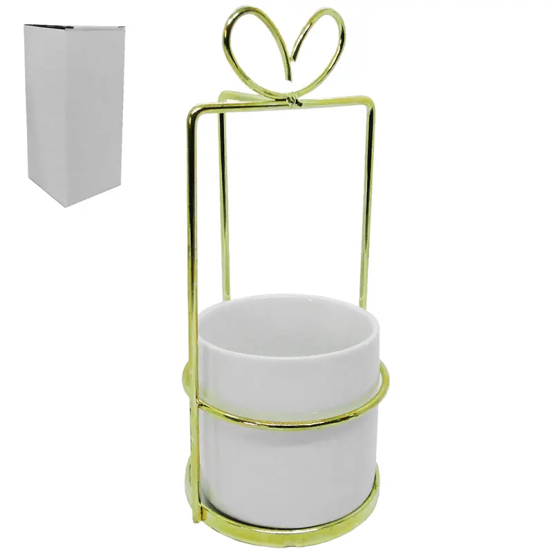 VASO DECORATIVO DE PORCELANA REDONDO COM SUPORTE ARAMADO METALIZADO DOURADO 21X9CM DE Ø