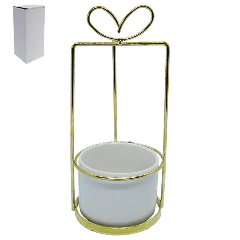 VASO DECORATIVO DE PORCELANA REDONDO COM SUPORTE ARAMADO METALIZADO DOURADO 21X9CM DE Ø