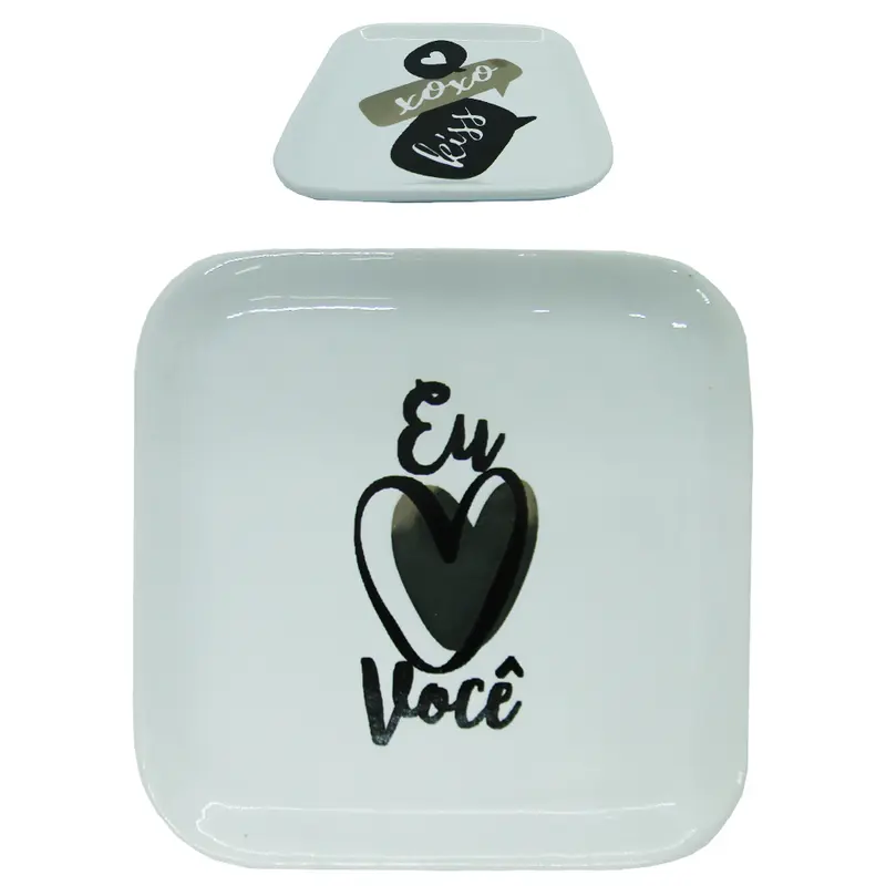 ENFEITE PORTA JOIAS PRATO QUADRADO DE PORCELANA ESTAMPAS SORTIDAS 11,5CM