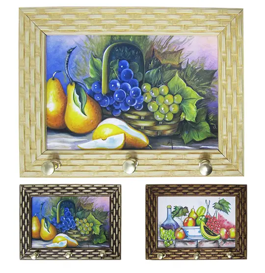 PORTA CHAVE DE MADEIRA TRELICA COM 3 GANCHOS DE METAL COLORS 18X13CM