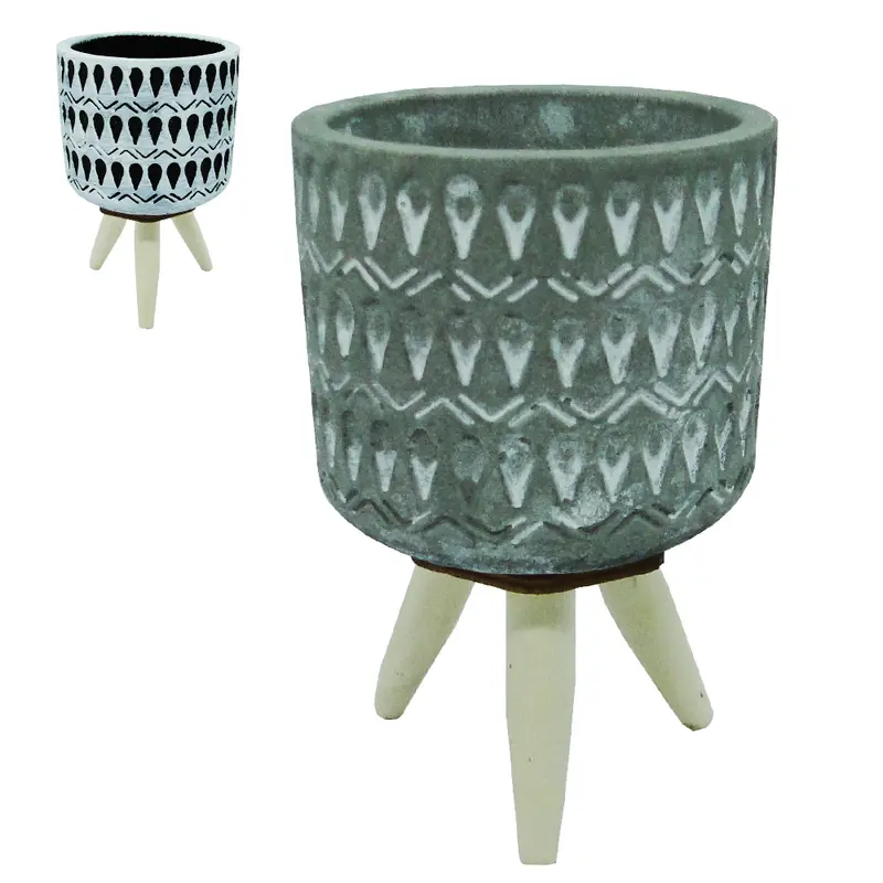 VASO DECORATIVO DE CIMENTO REDONDO COM PE DE MADEIRA 9,5X6,5CM DE Ø