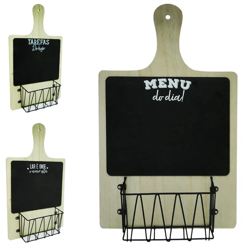 PORTA RECADO DE MADEIRA TABUA COM CESTO ARAMADO BLACK FRASES 40X23,5X7,5CM