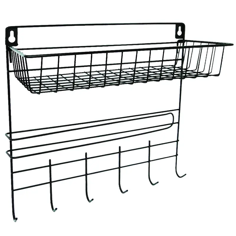 SUPORTE PRATELEIRA ORGANIZADOR ARAMADO COM 6 GANCHOS + PORTA PAPEL TOALHA BLACK 30X29X14CM