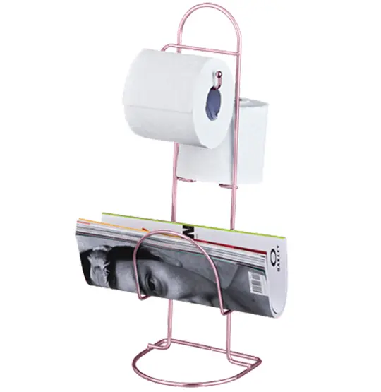 SUPORTE PORTA PAPEL HIGIENICO DE PISO ARAMADO PARA 2 ROLOS E REVISTEIRO COMPACTO METALIZADO ROSE GOLD 47,5X15X14CM