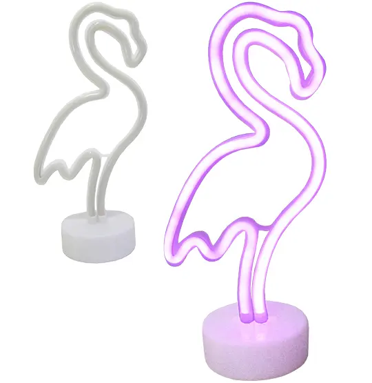 LUMINARIA NEON FLAMINGO DE PLASTICO ROSA COM BASE A PILHA 33X15CM