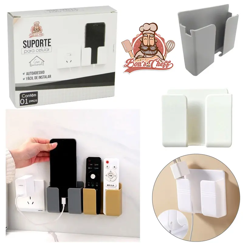 SUPORTE PARA CELULAR DE PAREDE DE PLASTICO AUTOADESIVO BRANCO 10X8,5X2,5CM