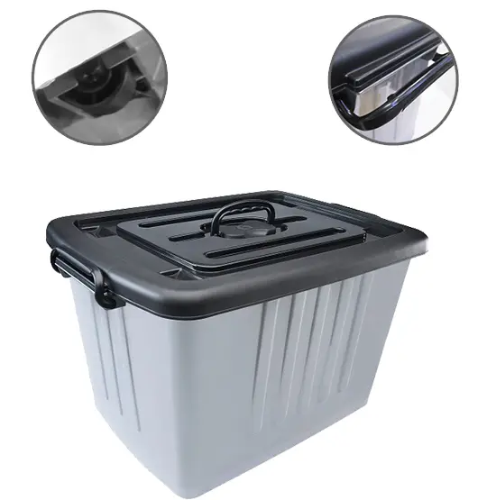 CAIXA ORGANIZADOR CONTAINER DE PLASTICO CINZA COM TAMPA PRETA COM RODIZIO + ALCA E TRAVA Nº 6 77L