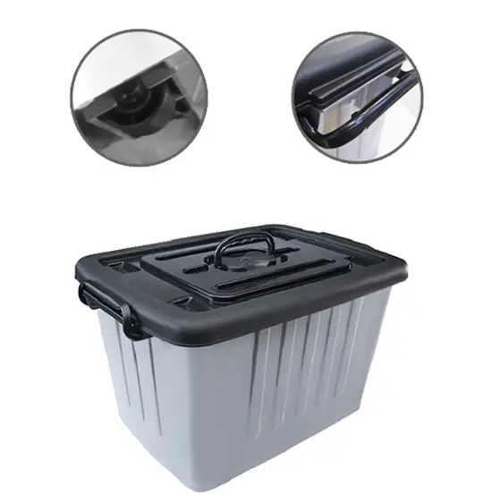 CAIXA ORGANIZADOR CONTAINER DE PLASTICO CINZA COM TAMPA PRETA COM RODIZIO + ALCA E TRAVA Nº 5 54,5L