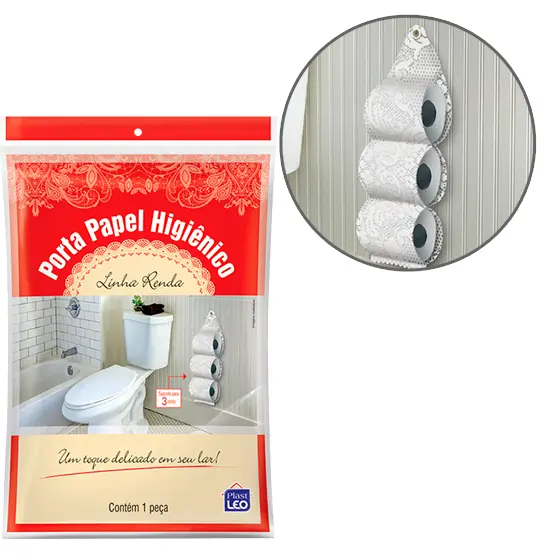 SUPORTE PORTA PAPEL HIGIENICO DE PAREDE DE RENDA PARA 3 ROLOS 63X16,5CM
