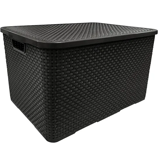 CESTO CAIXA ORGANIZADOR DE PLASTICO RETANGULAR RATTAN COM TAMPA + ALCA PRETO 40L 48,5X34,5X29CM