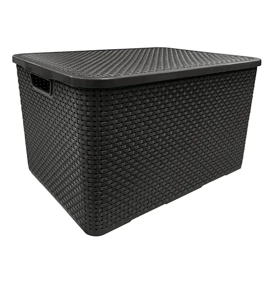 CESTO CAIXA ORGANIZADOR DE PLASTICO RETANGULAR RATTAN COM TAMPA + ALCA PRETO 20L 42X29,5X20CM