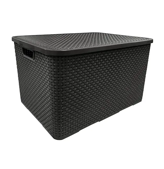 CESTO CAIXA ORGANIZADOR DE PLASTICO RETANGULAR RATTAN COM TAMPA + ALCA PRETO 15L 34,5X26X18CM