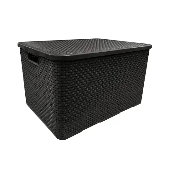 CESTO CAIXA ORGANIZADOR DE PLASTICO RETANGULAR RATTAN COM TAMPA + ALCA PRETO 7L 29,5X19,5X15,5CM