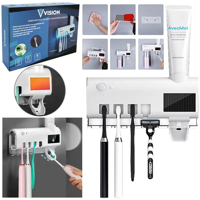 PORTA ESCOVA DENTAL COM ESTERELIZADOR UV RECARREGAVEL USB VISION