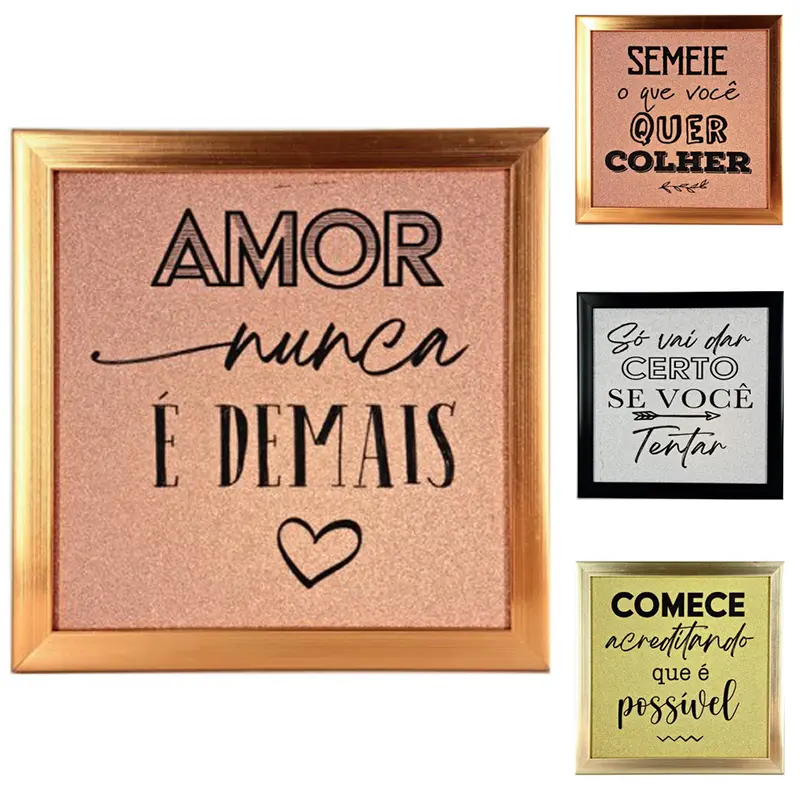 QUADRO DECORATIVO 24,5X24,5CM COM MOLDURA DE PLASTICO METALIZADO FRASES SORTIDAS