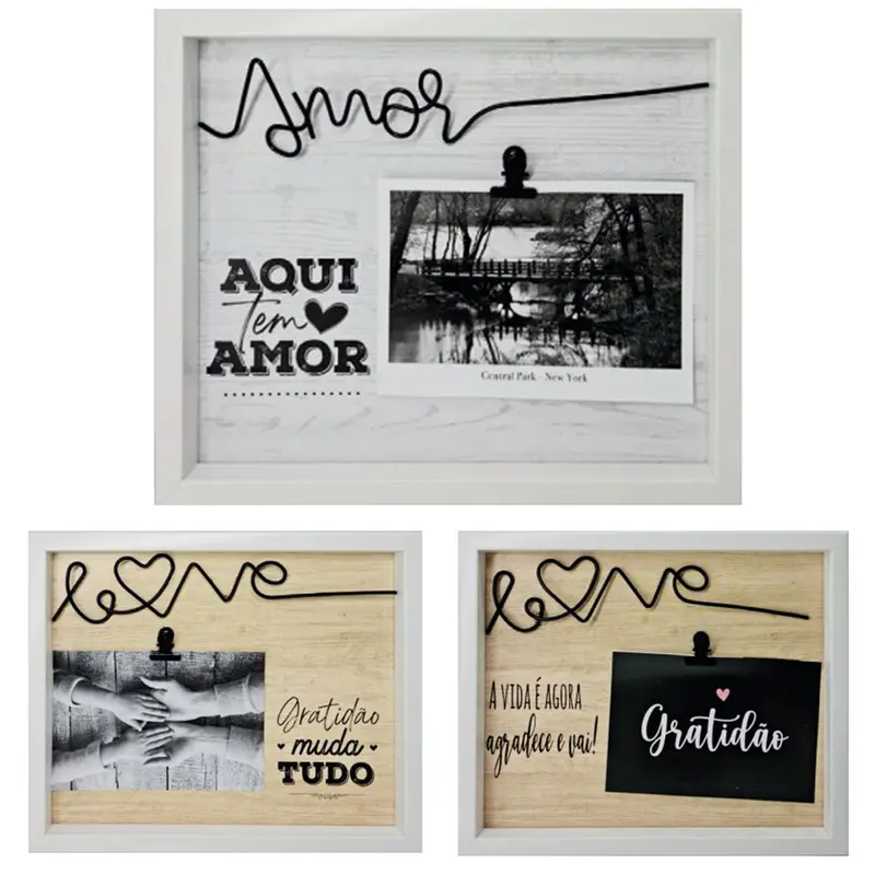 PORTA RETRATO 10X15 COM MOLDURA DE PLASTICO COM CLIP DE METAL BRANCO FRASES