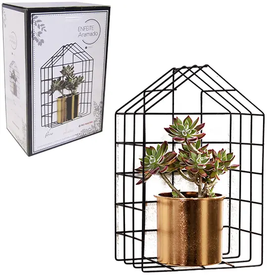 PRATELEIRA DECORATIVA CASINHA ARAMADO COM VASO DE PLASTICO REDONDO 29,5X19X12,5CM