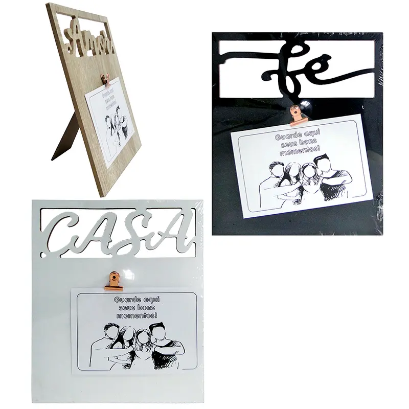 PORTA RETRATO 10X15 COM MOLDURA DE MADEIRA MDF COM CLIP DE METAL FRASES 23,5X20CM