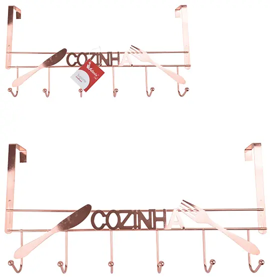 CABIDE GANCHO ARAMADO COZINHA TALHERES PARA PORTA COM 6 GANCHOS METALIZADO COBRE / ROSE GOLD 45X23CM