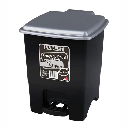 LIXEIRA COM PEDAL DE PLASTICO QUADRADA COM TAMPA BLACK SILVER 14L 32X29CM