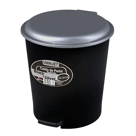LIXEIRA COM PEDAL DE PLASTICO REDONDA COM TAMPA BLACK SILVER 12L 30X27CM DE Ø