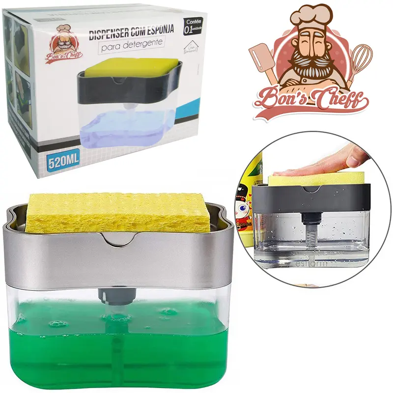 DISPENSER PORTA DETERGENTE DE PLASTICO 520ML + ESPONJA 13X11X10,5CM NA CAIXA