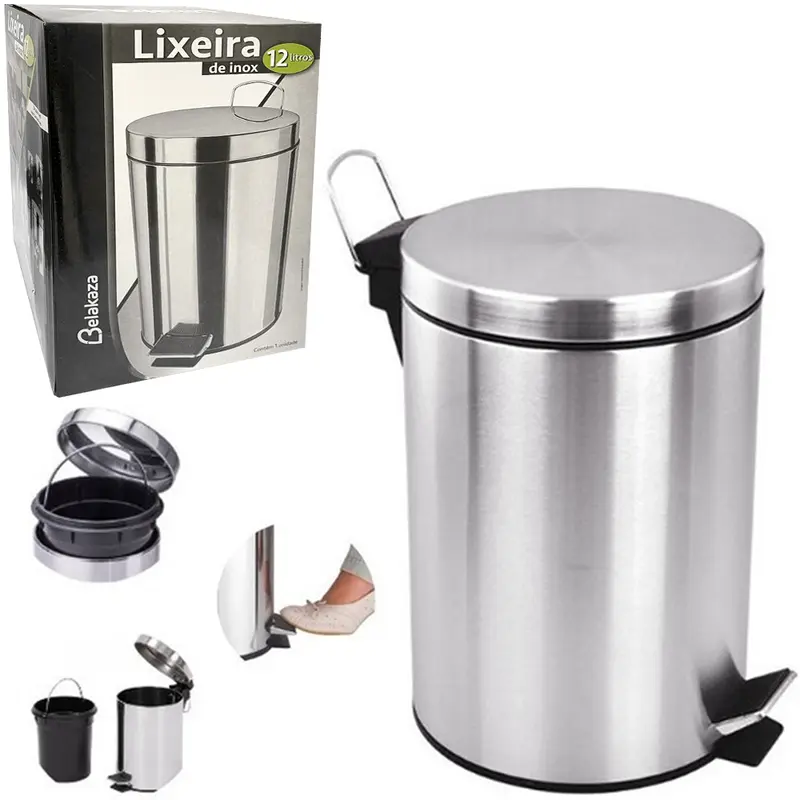 LIXEIRA COM PEDAL REDONDA DE INOX E BALDE INTERNO REMOVIVEL 12L