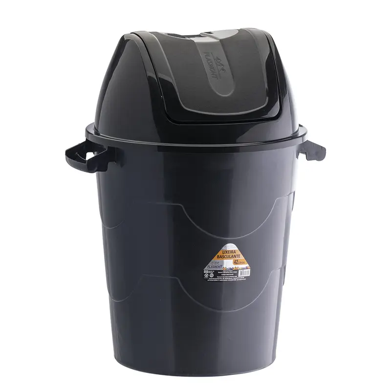 LIXEIRA CESTO DE PLASTICO REDONDO COM TAMPA BASCULANTE PRETO 42L