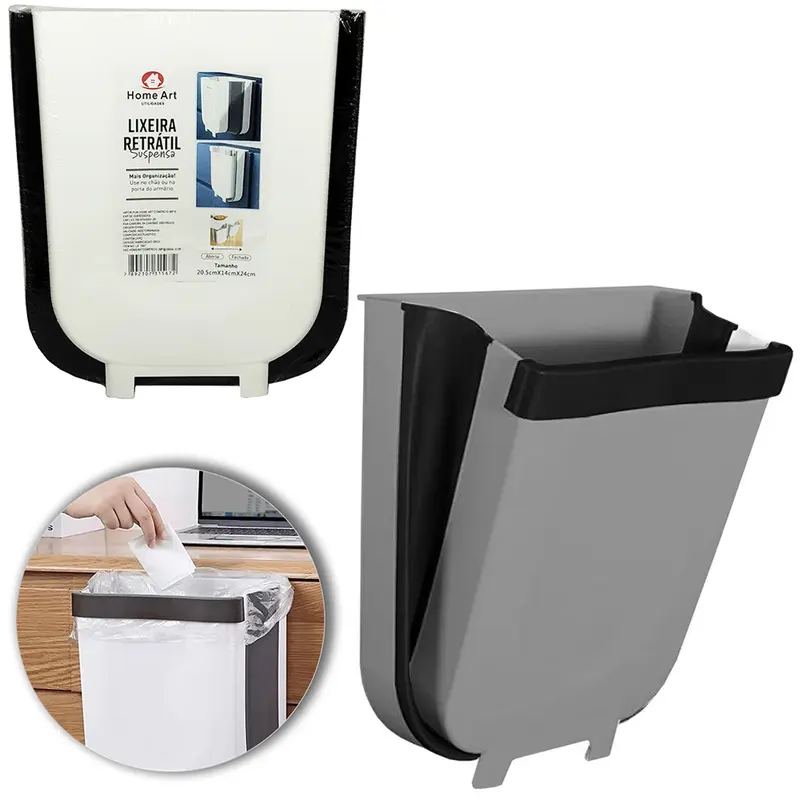 LIXEIRA DE PLASTICO RETANGULAR DOBRAVEL / EXTENSIVEL COM SUPORTE PENDURAR 24X20,5X14CM