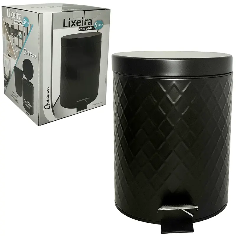 LIXEIRA DE INOX COM PEDAL REDONDA E BALDE INTERNO REMOVIVEL PRETO 5L