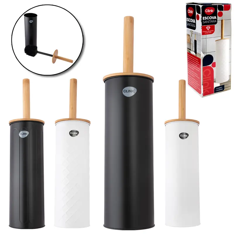 ESCOVA SANITARIA COM SUPORTE REDONDO DE INOX BLACK / WHITE CABO BAMBU 38,5X9,5CM DE Ø