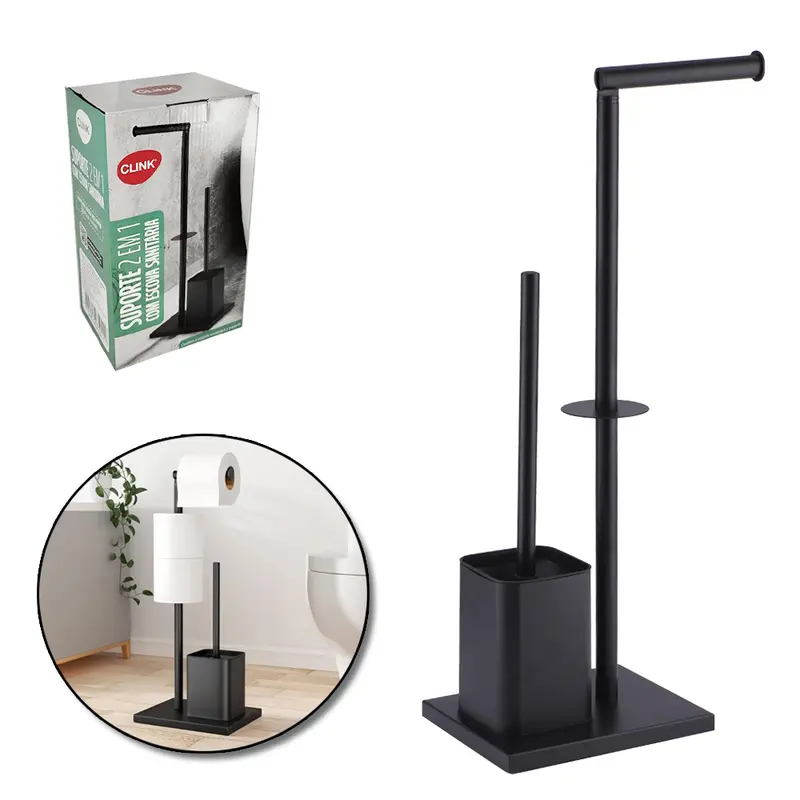 SUPORTE PORTA PAPEL HIGIENICO DE PISO 2 EM 1 COM ESCOVA SANITARIA + SUPORTE DE INOX 56,5X20X16CM