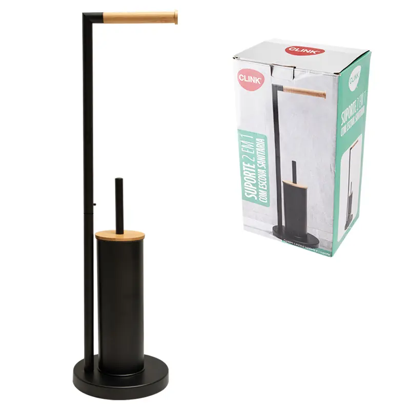 SUPORTE PORTA PAPEL HIGIENICO DE PISO 2 EM 1 COM ESCOVA SANITARIA + SUPORTE REDONDO DE INOX 72X18,5CM DE Ø