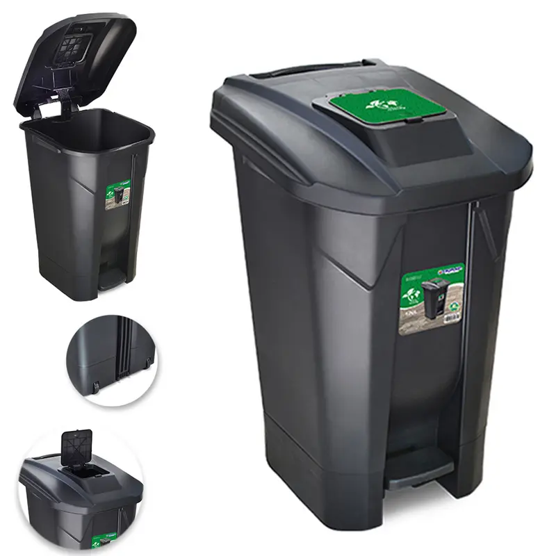 LIXEIRA CESTO COM PEDAL DE PLASTICO RETANGULAR PRETA COM RODIZIO + TAMPA CLICK E ALCA 120L 86,5X59,7X51,5CM