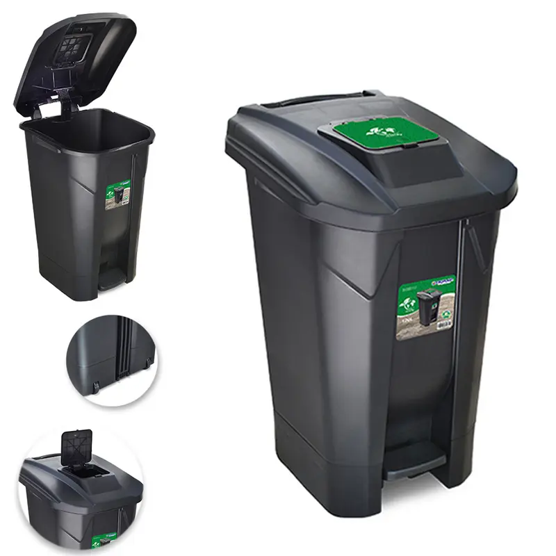 LIXEIRA CESTO COM PEDAL DE PLASTICO RETANGULAR PRETA COM RODIZIO + TAMPA CLICK E ALCA 60L 60,5X42,4X40,4CM
