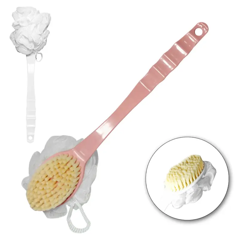 ESCOVA COM ESPONJA / BUCHA DE NYLON PARA BANHO CABO DE PLASTICO 34X5,5CM