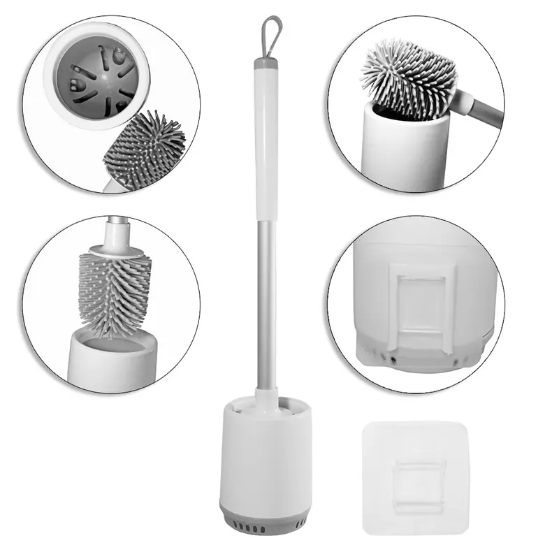 ESCOVA SANITARIA COM SUPORTE DE PLASTICO REDONDO DE PAREDE AUTOADESIVO CABO ALUMINIO 52X10CM DE Ø