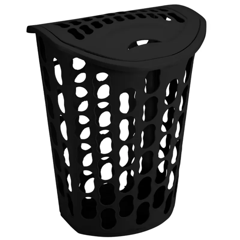 CESTO TELADO DE PLASTICO RETANGULAR PARA ROUPA COM TAMPA PRETO 40L