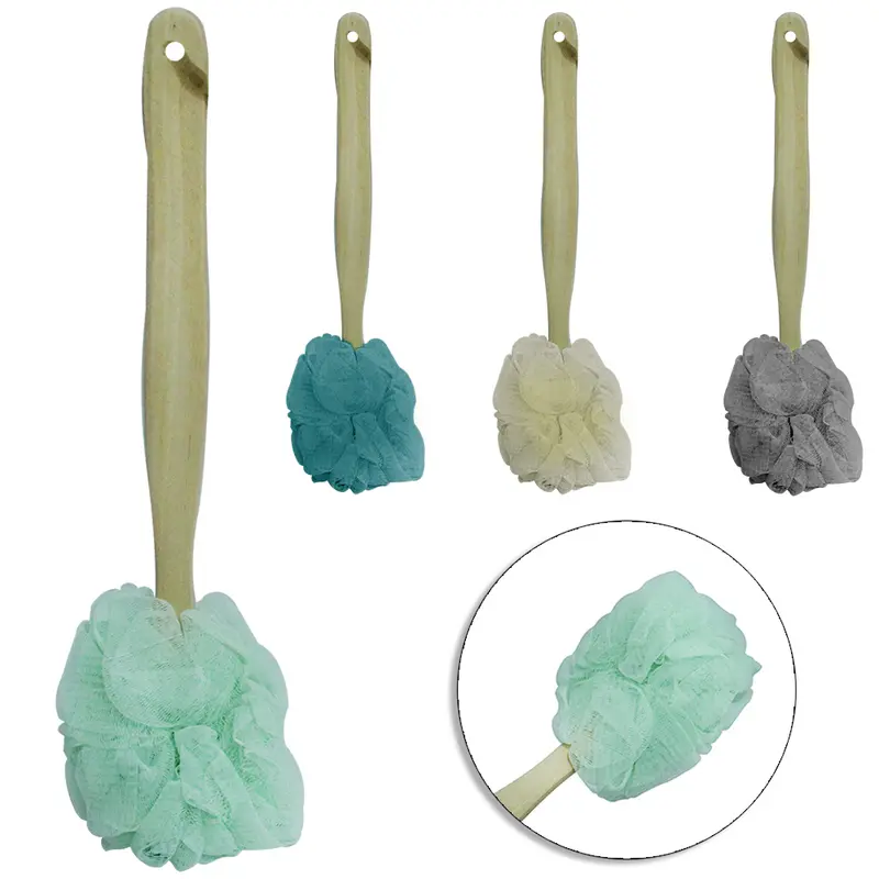 ESPONJA / BUCHA DE NYLON PARA BANHO CABO MADEIRA 36X10CM