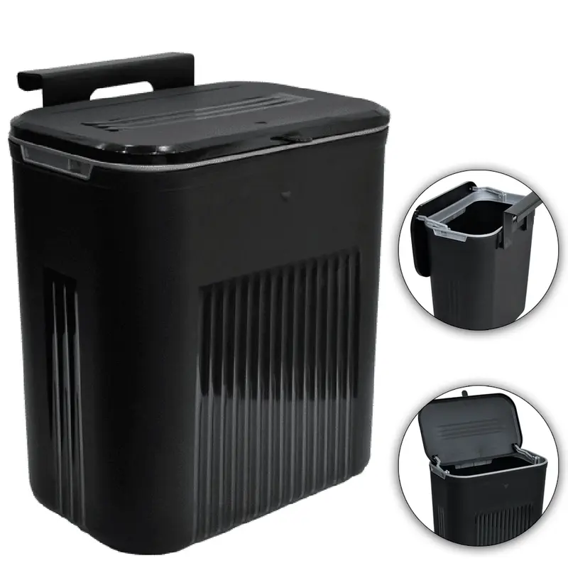 LIXEIRA DE PLASTICO RETANGULAR COM SUPORTE PARA PENDURAR + AUTOADESIVO E TAMPA PRETA 9L 31X26X17,1CM