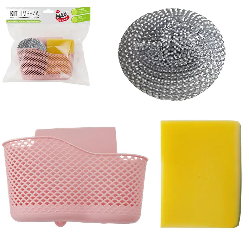 KIT LIMPEZA COM CESTO ORGANIZADOR DE PLASTICO PARA PIA + ESPONJA / BUCHA DE ACO + ABRASIVA DUPLA FACE MAX CLEAN